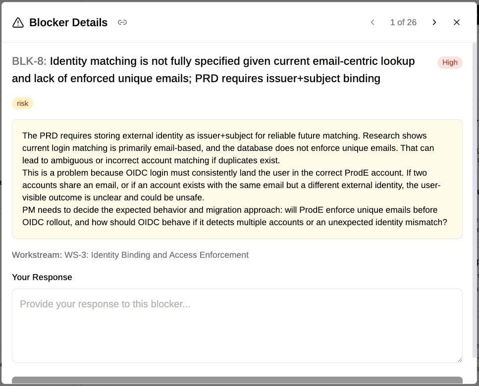 An expanded blocker showing the problem, its severity, and the resolution thread