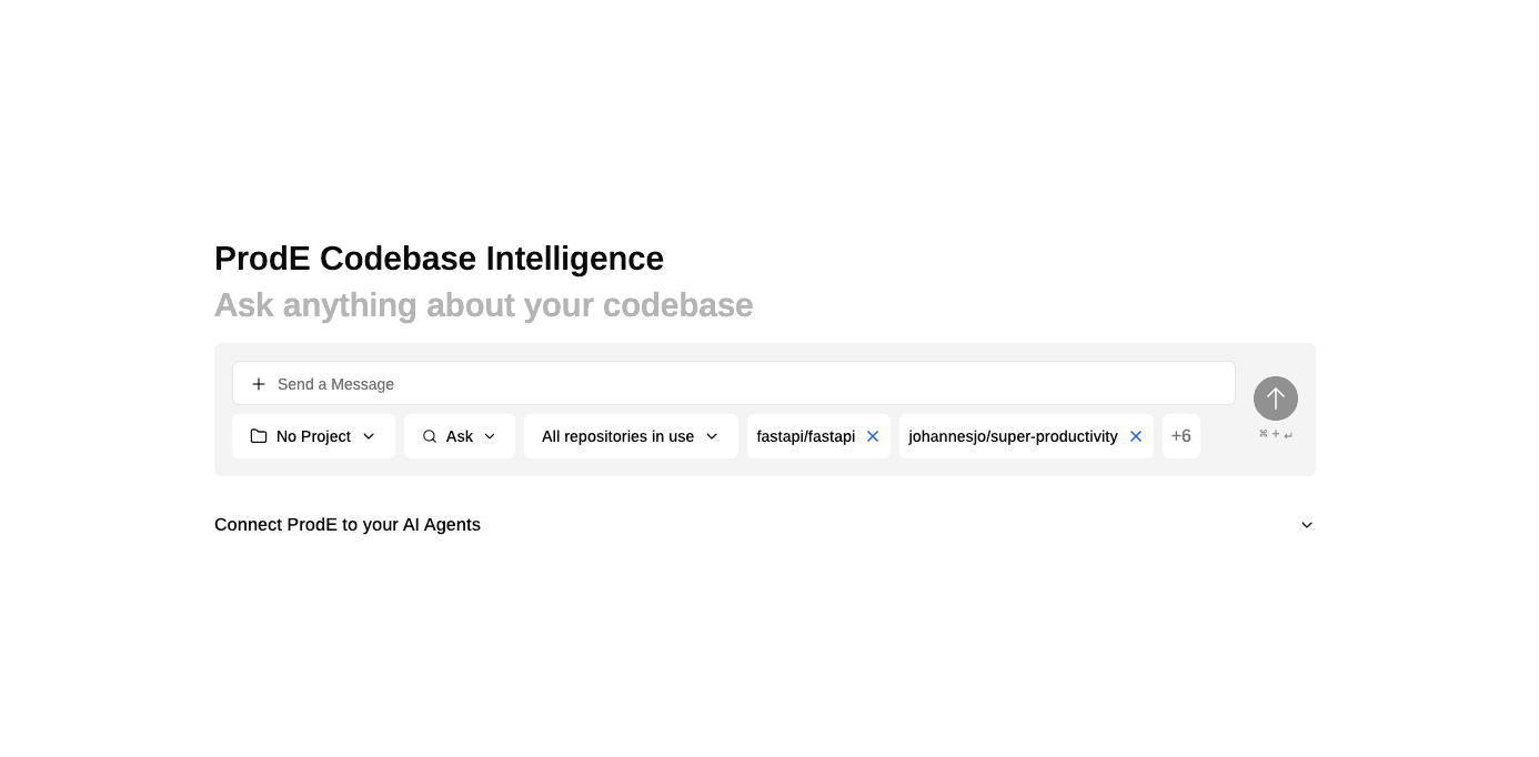 The ProdE Chat interface, with a message box and controls to pick a project and scope the search to specific repositories