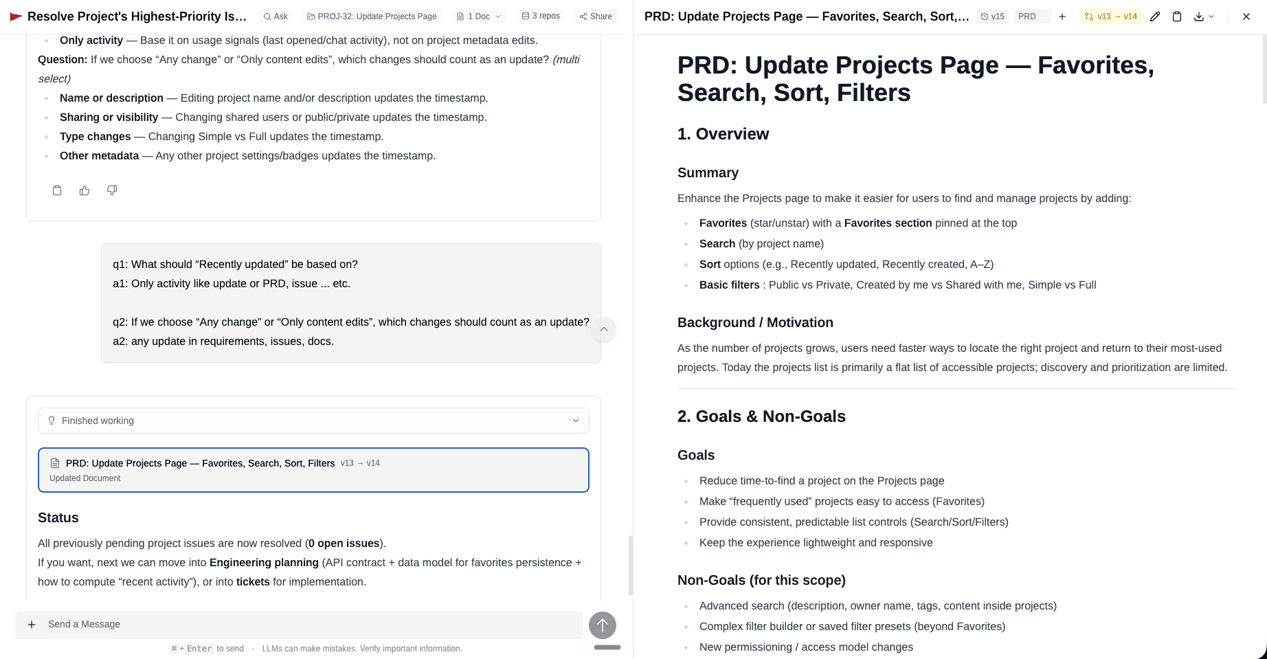 A PRD document open in ProdE next to the chat that generated it, showing the document content alongside the conversation
