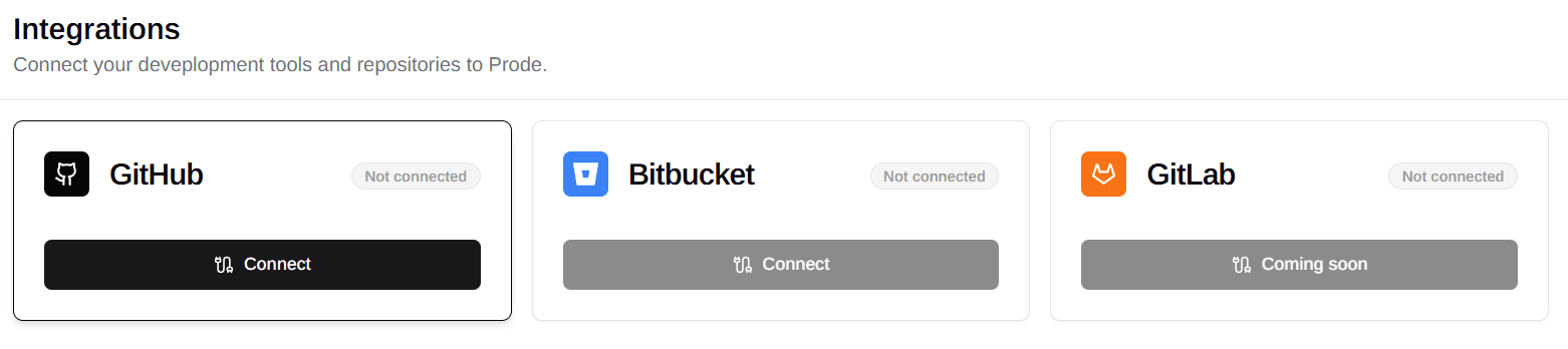 GitHub provider card with a Connect button on the Integrations page