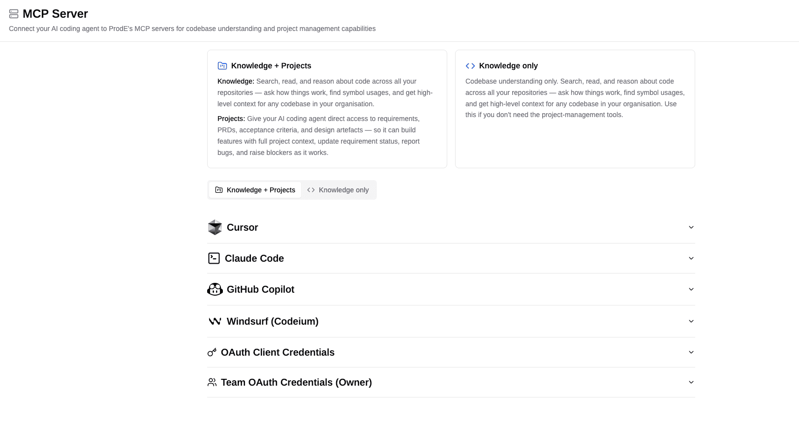 The MCP Server setup page, offering a Knowledge + Projects or Knowledge only connection and per-editor instructions for Cursor, Claude Code, GitHub Copilot, and Windsurf