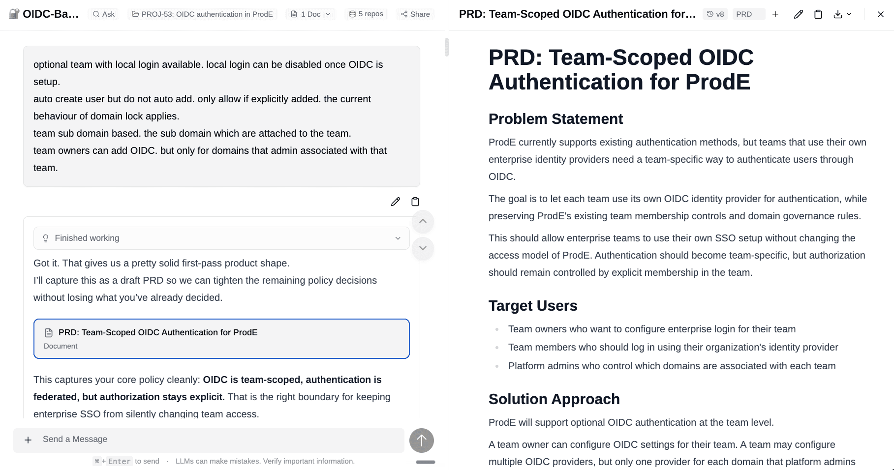 A PRD document drafted in ProdE alongside the chat that generated it
