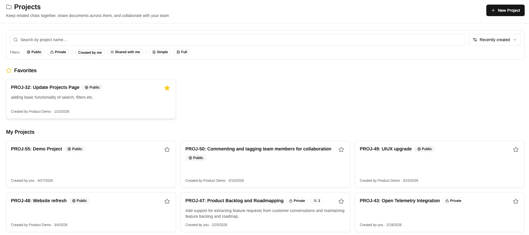 The Projects page showing project cards with their IDs, names, and Public or Private visibility, filterable by Simple or Full