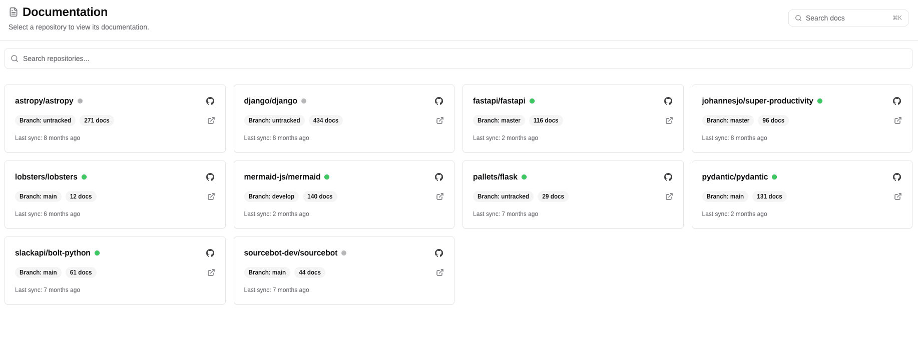 The Documentation page showing connected repositories as cards, each with its branch, document count, and last sync time