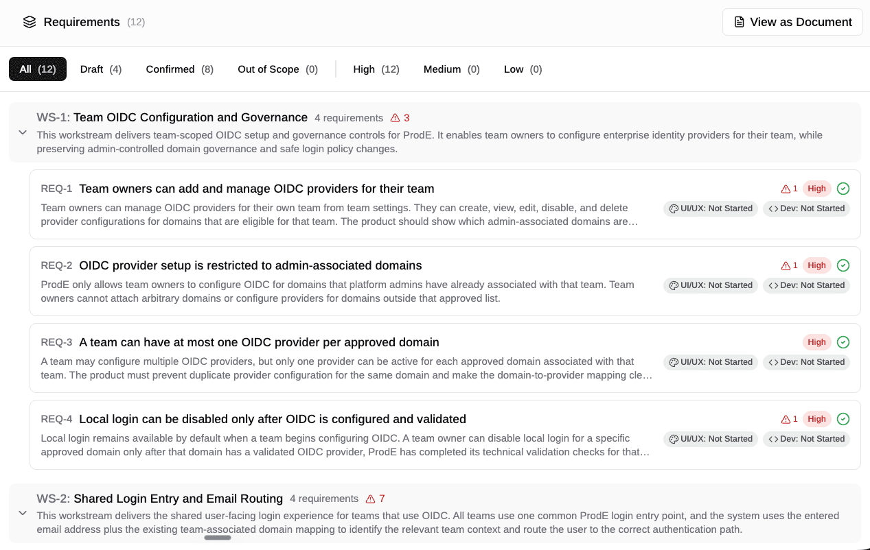A project broken into workstreams with requirements and acceptance criteria beneath each